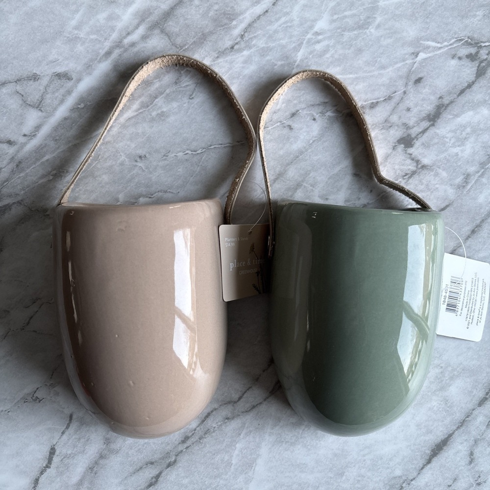 Wall Hanging Cermaic Planters Green Taupe Boho Housewarming Gift Set 2pc Cozy - Picture 2 of 11